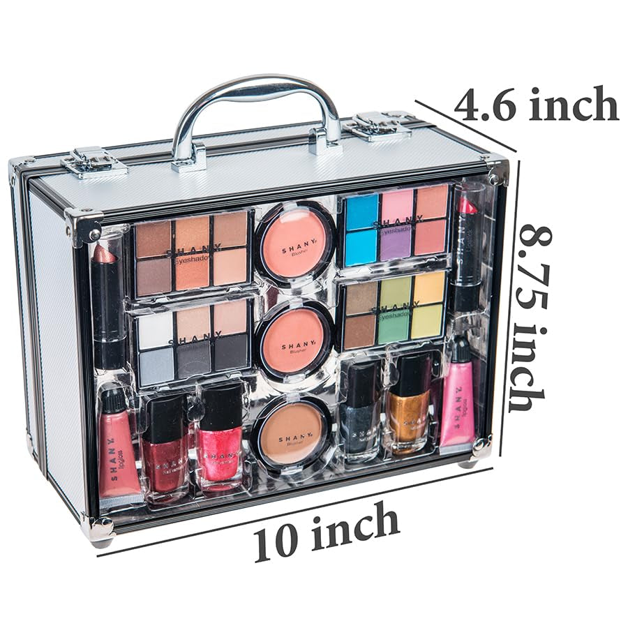 Carry All Trunk Makeup Train Case with Re-Usable Aluminum Makeup Storage Case. Non Toxic Color Make up Set with Eye Palettes, Blushes,Makeup Powders, Manicure, Pedicure and Makeup Brushes.