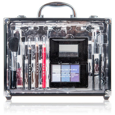 Carry All Trunk Makeup Train Case with Re-Usable Aluminum Makeup Storage Case. Non Toxic Color Make up Set with Eye Palettes, Blushes,Makeup Powders, Manicure, Pedicure and Makeup Brushes.