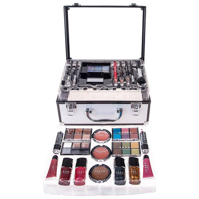 Carry All Trunk Makeup Train Case with Re-Usable Aluminum Makeup Storage Case. Non Toxic Color Make up Set with Eye Palettes, Blushes,Makeup Powders, Manicure, Pedicure and Makeup Brushes.