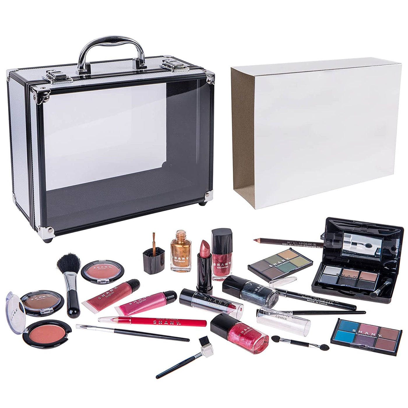 Carry All Trunk Makeup Train Case with Re-Usable Aluminum Makeup Storage Case. Non Toxic Color Make up Set with Eye Palettes, Blushes,Makeup Powders, Manicure, Pedicure and Makeup Brushes.