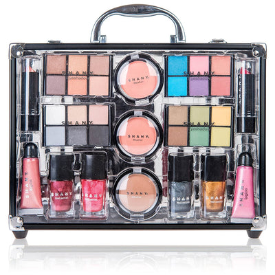 Carry All Trunk Makeup Train Case with Re-Usable Aluminum Makeup Storage Case. Non Toxic Color Make up Set with Eye Palettes, Blushes,Makeup Powders, Manicure, Pedicure and Makeup Brushes.